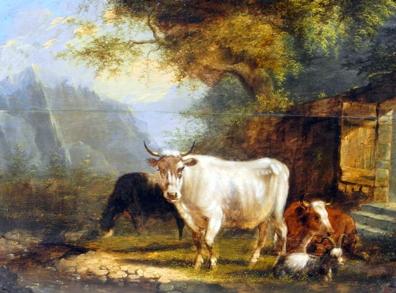 Ruscello e bestiame in un paesaggio montano, 1661